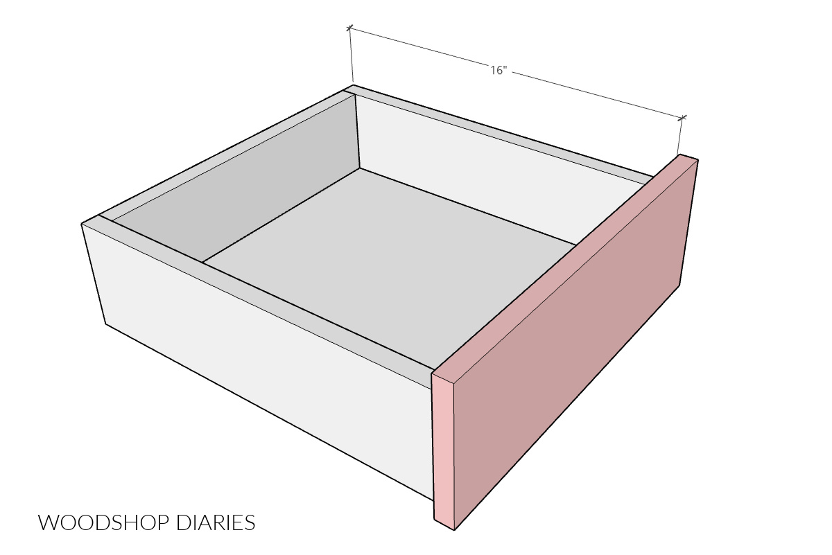 Diagram of drawer box with dimension showing the depth/length for clarity