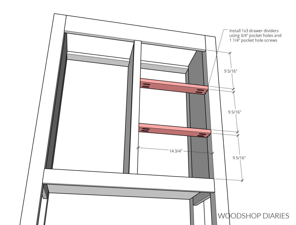 Dimensional diagram showing where to install drawer dividers in sliding door dresser