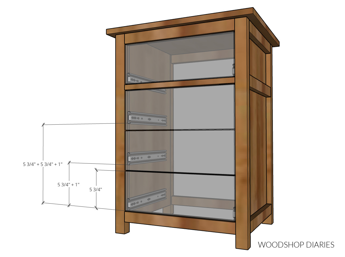 Computer diagram with transparent drawer fronts showing drawer slide spacing locations for inset cabinet