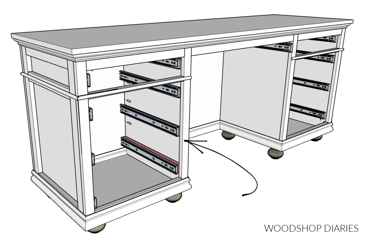 Computer drawn diagram showing drawer slides installed onto spacer blocks in desk cabinets