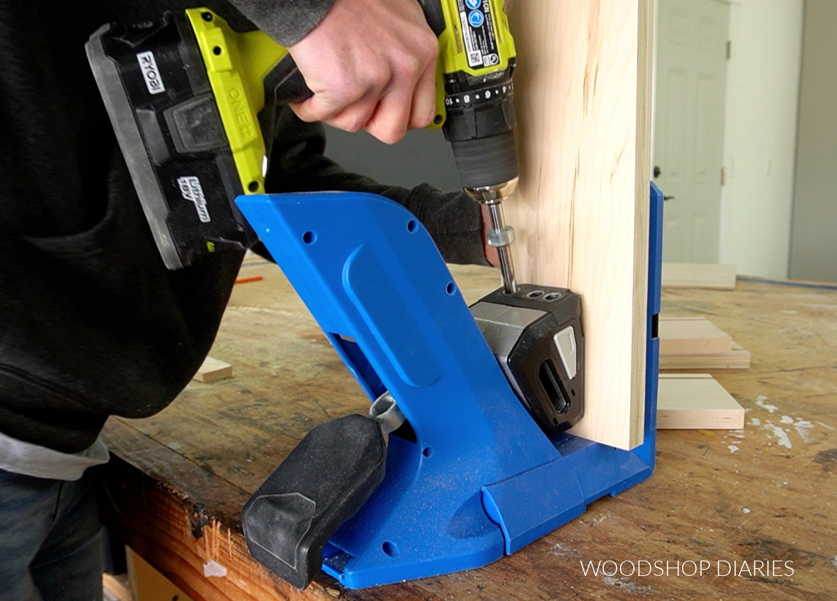 Close up of drilling pocket holes for drawer box assembly