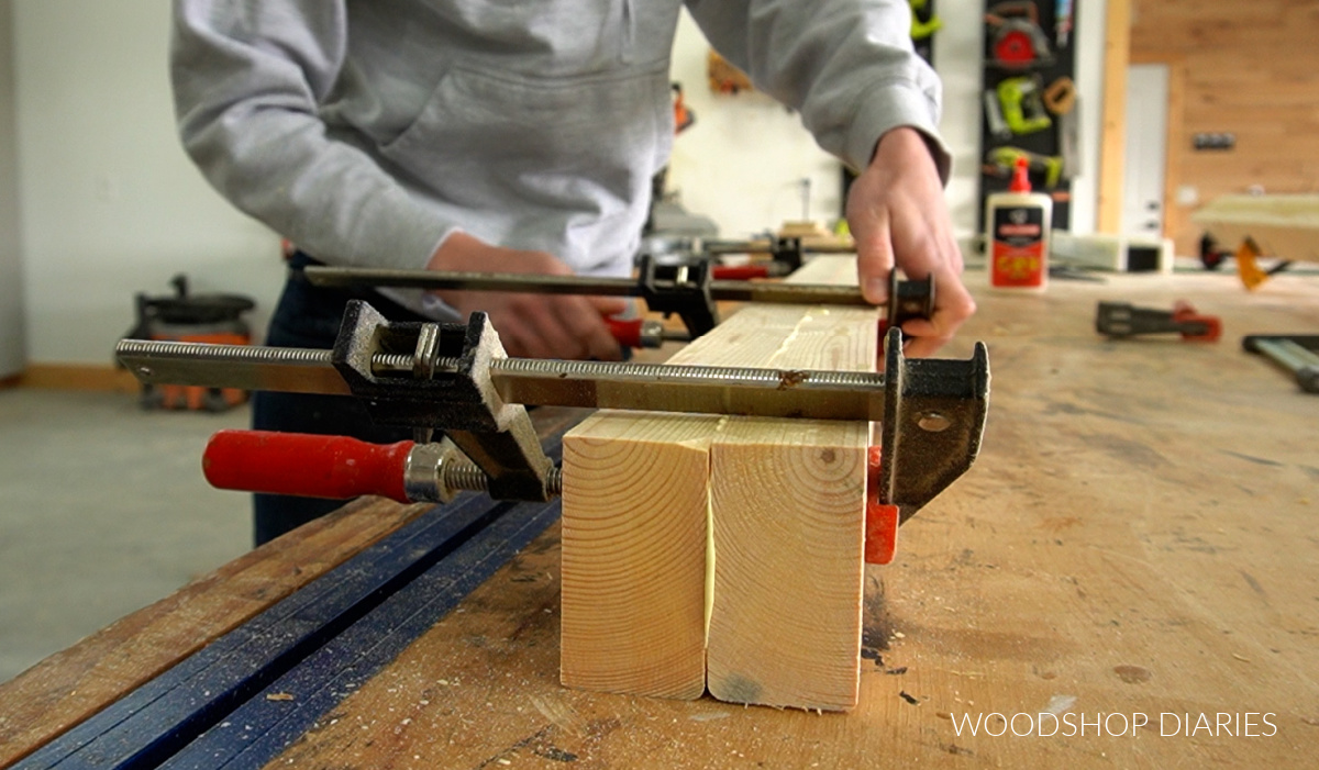 Gluing and clamping corner posts to build a sliding door dresser