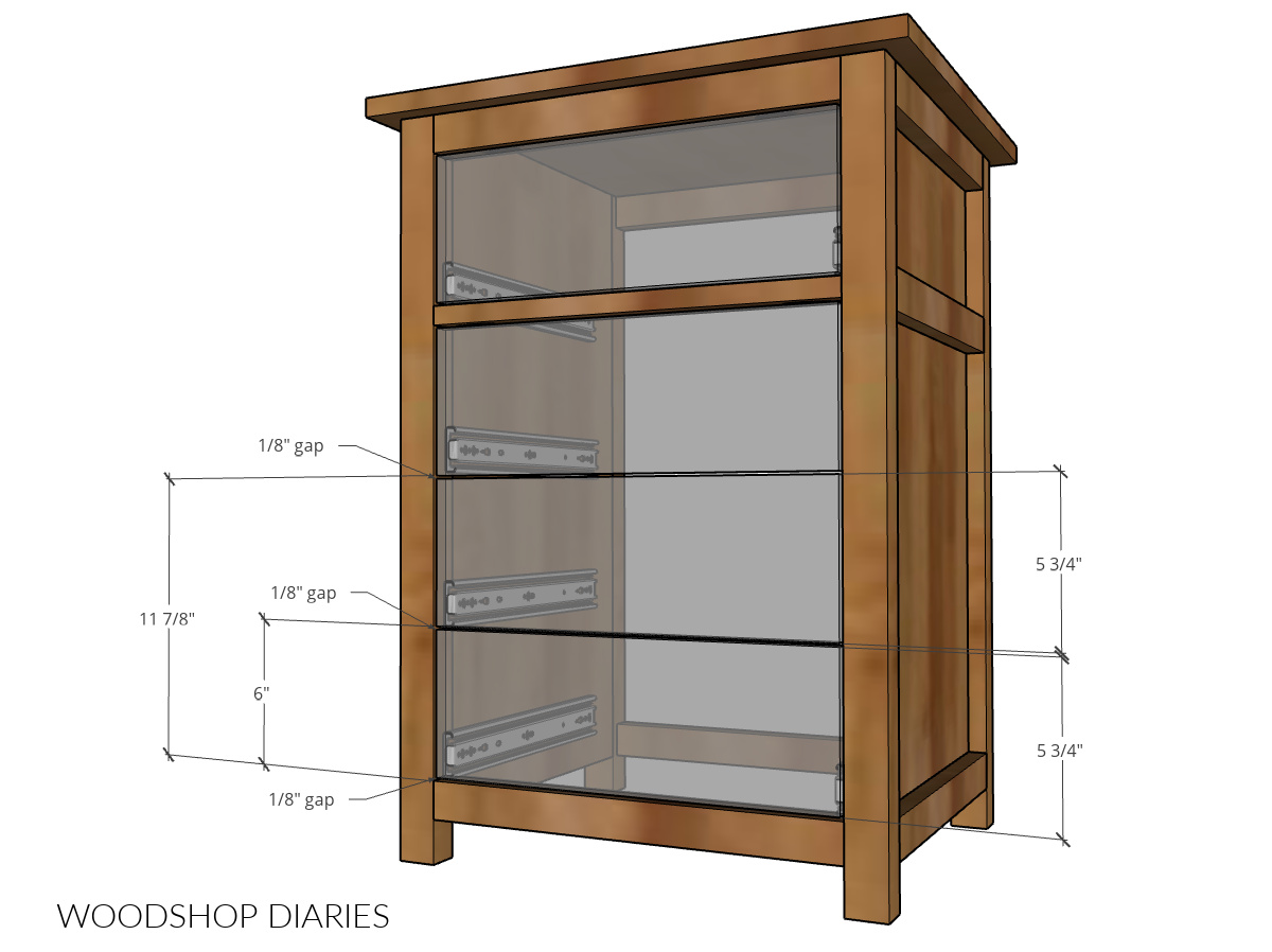 Inset drawer front diagram showing drawer slide spacing locations lining up bottom edge with drawer fronts