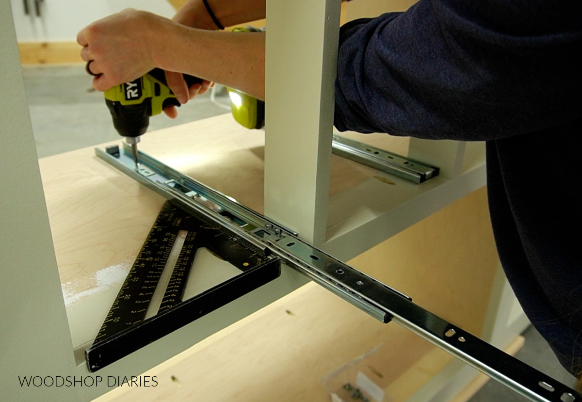 Installing drawer slides onto a flush surface inside cabinet