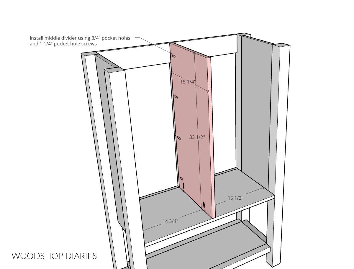 dimensional computer drawn diagram showing how to install the middle divider panel into the sliding door dresser cabinet