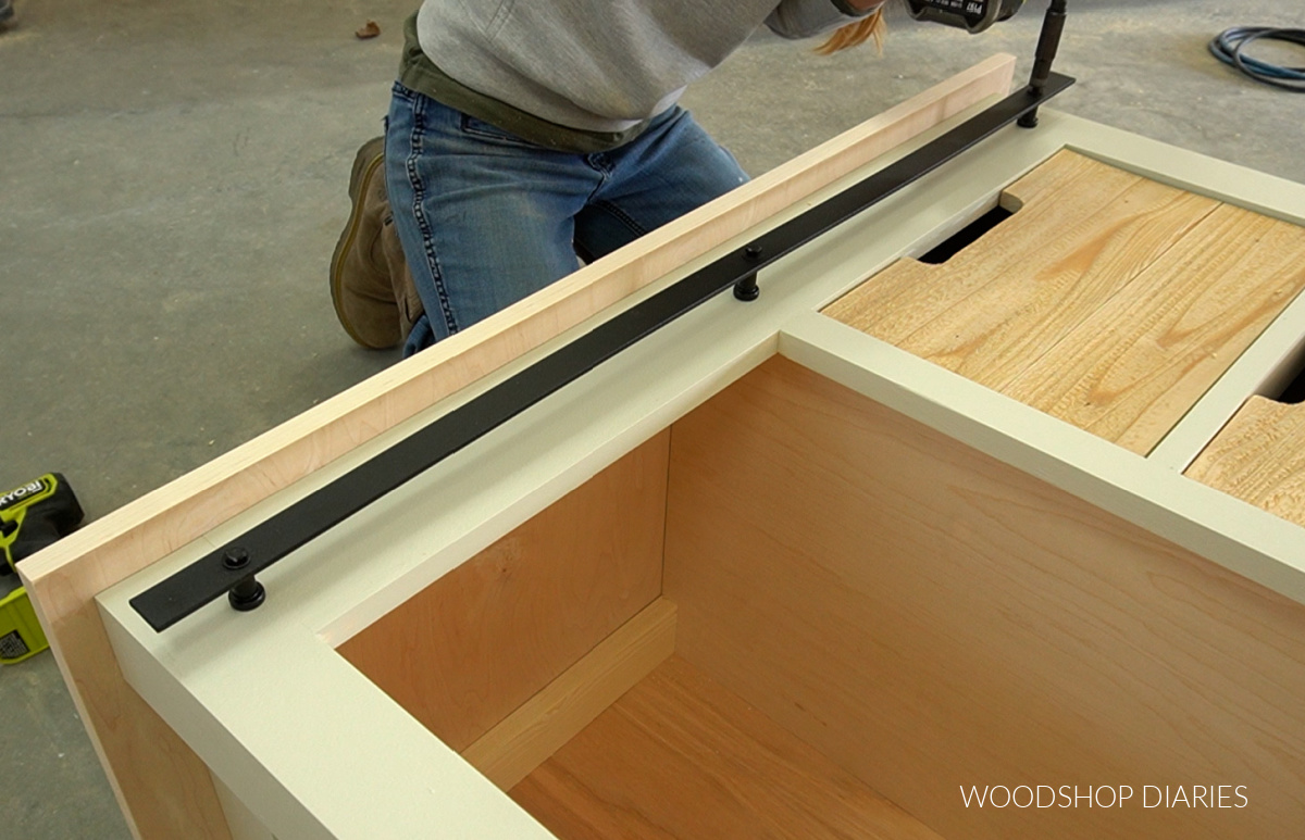 Shara Woodshop Diaries installing sliding door hardware into dresser chest 