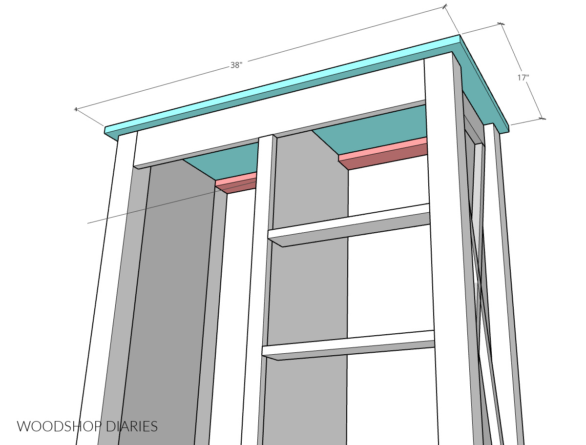 Computer diagram showing installing top panel of sliding door dresser