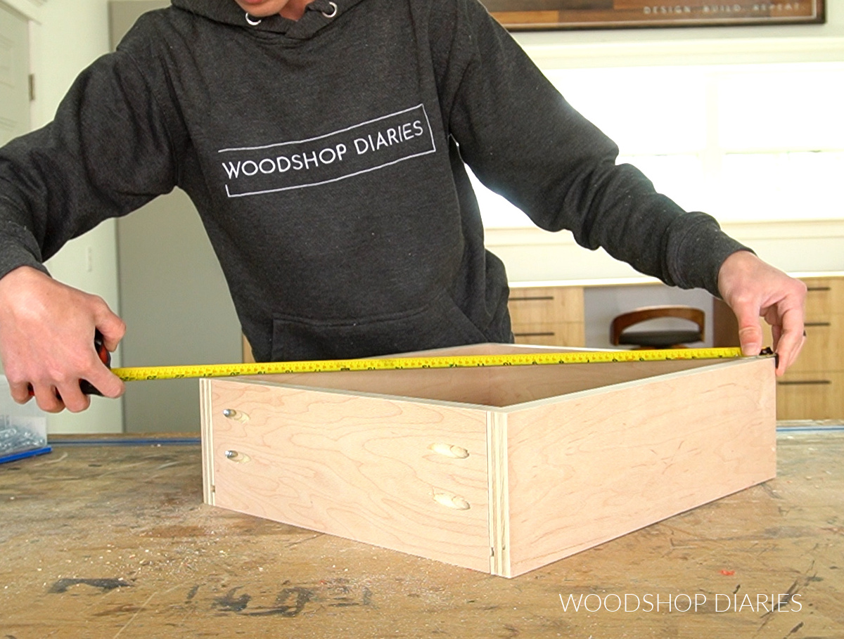 Shara Woodshop Diaries measuring diagonal of drawer box