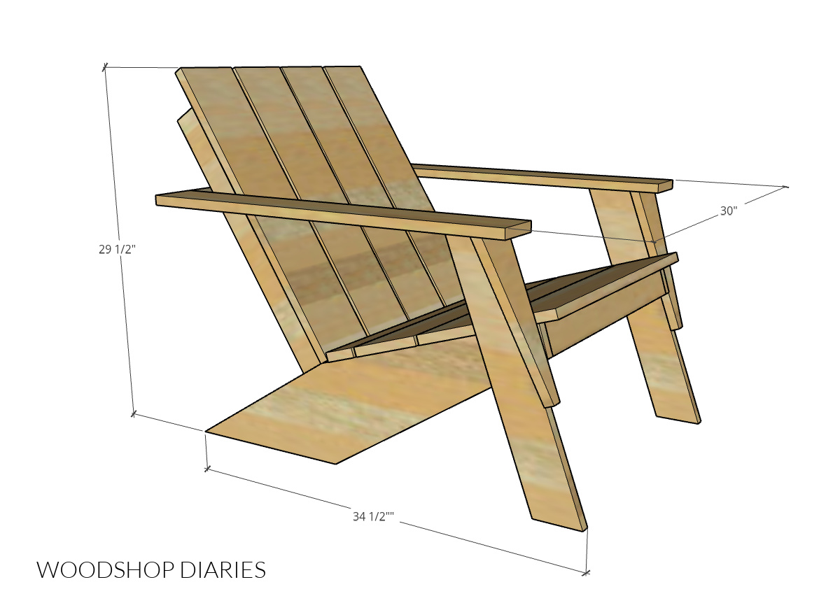 Overall dimensional diagram showing dimensions of Adirondack chair