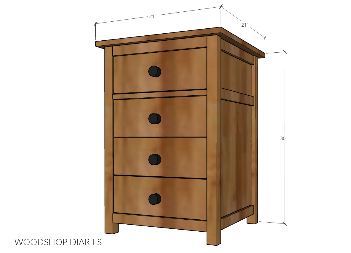 Diagram showing DIY end table with drawers overall dimensions 21" x 21" x 30"