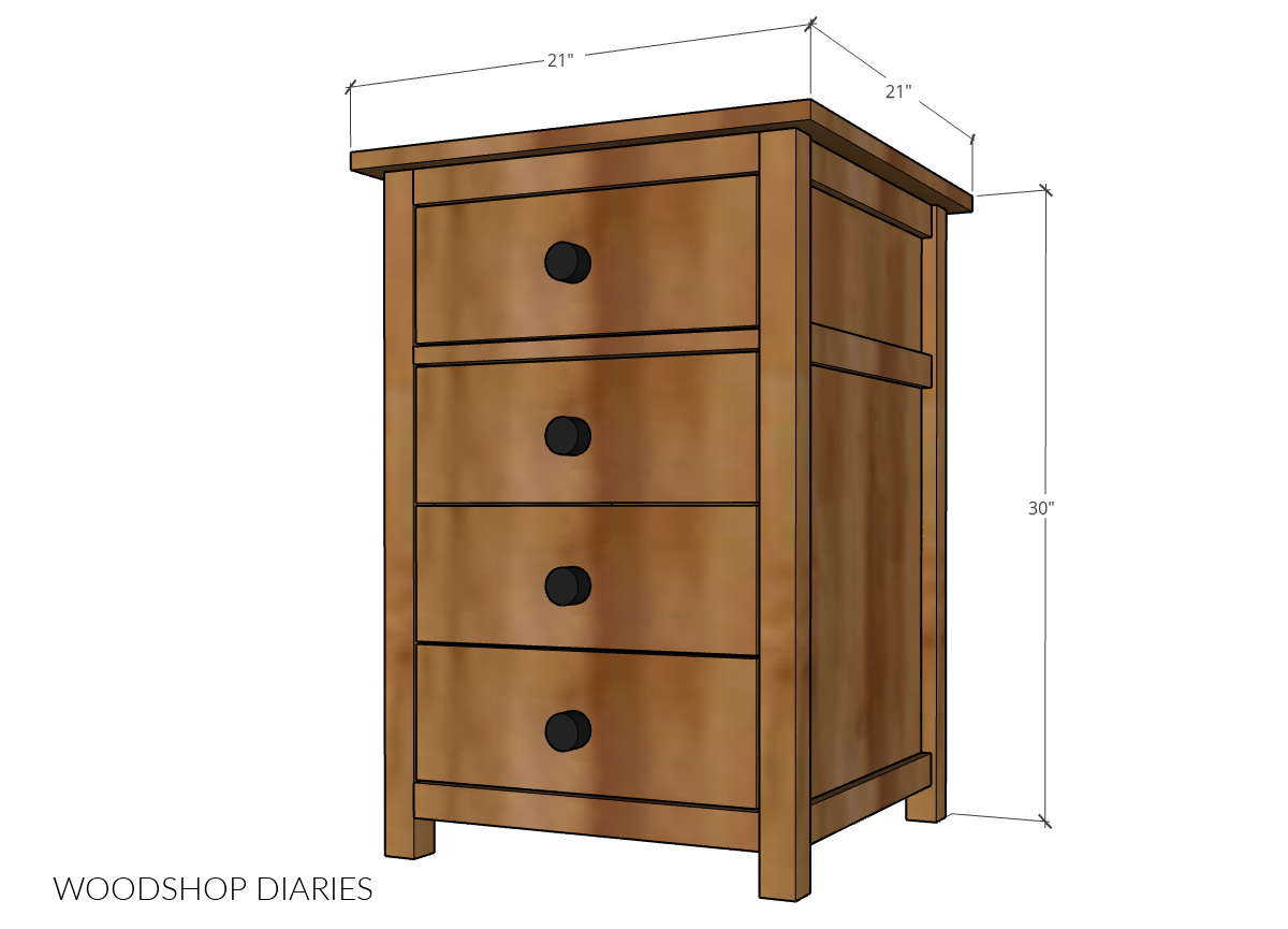 Diagram showing DIY end table with drawers overall dimensions 21" x 21" x 30"