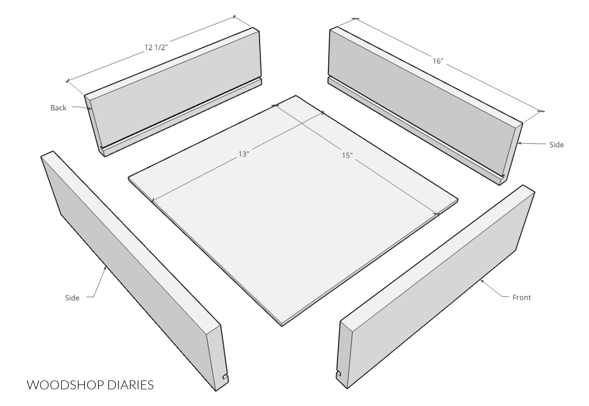 Overall dimensional drawer box diagram example--computer drawn exploded drawer box 