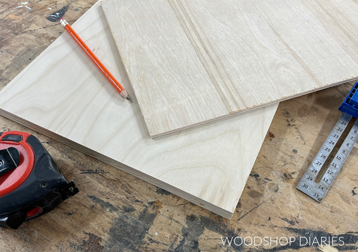 ¾" and ¼" plywood pieces laid out on workbench