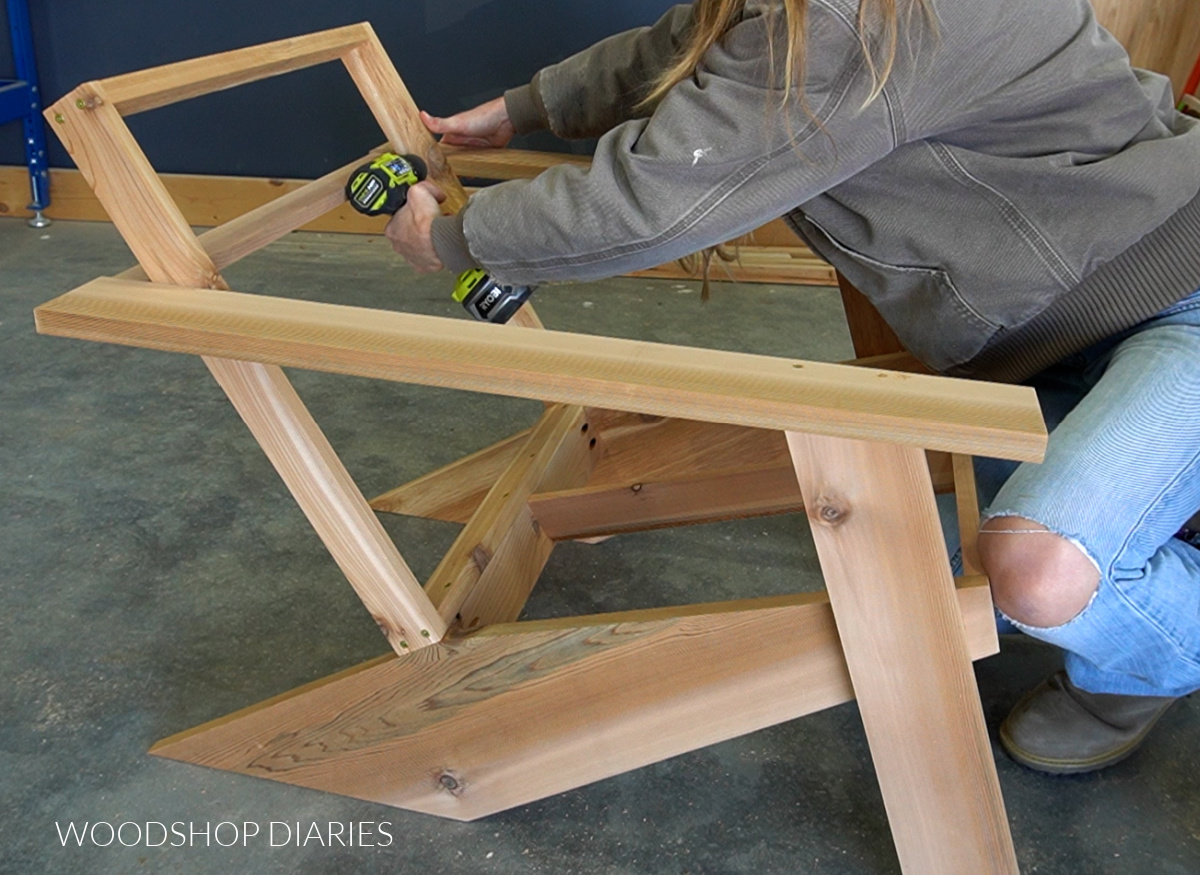 Securing back frame to arm rests on modern Adirondack chair 