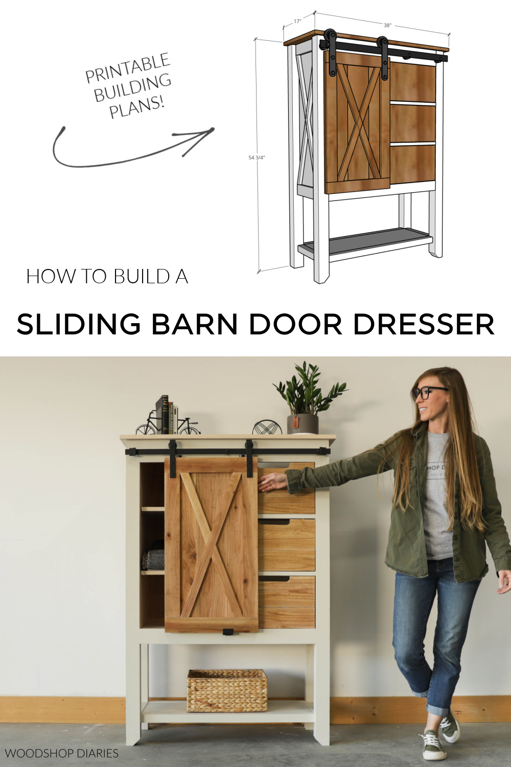 Pinterest image showing computer diagram of sliding door dresser at top and Shara Woodshop Diaries with finished dresser at bottom and text "How to build a sliding barn door dresser"