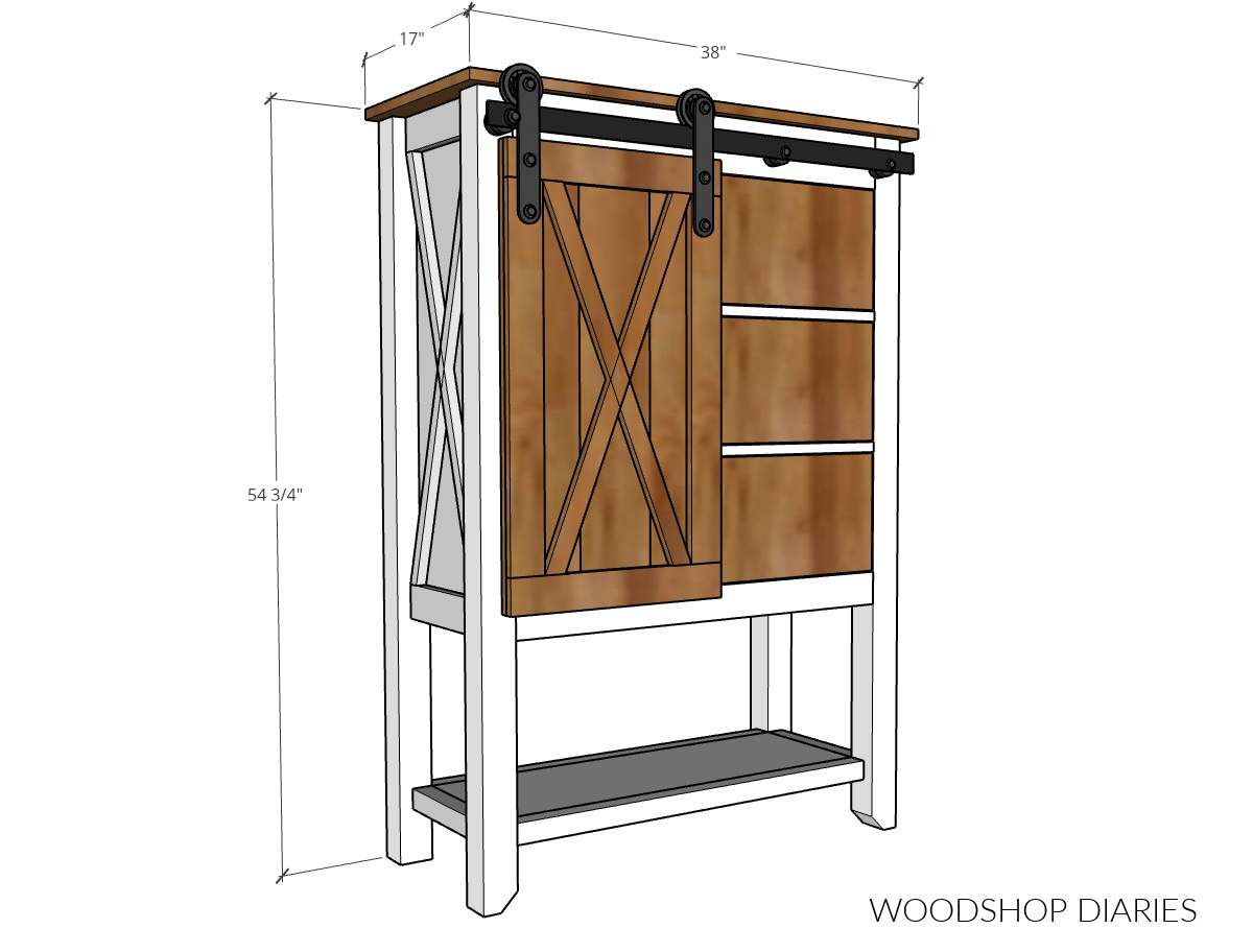 Overall dimensional diagram of sliding barn door dresser chest of drawers cabinet