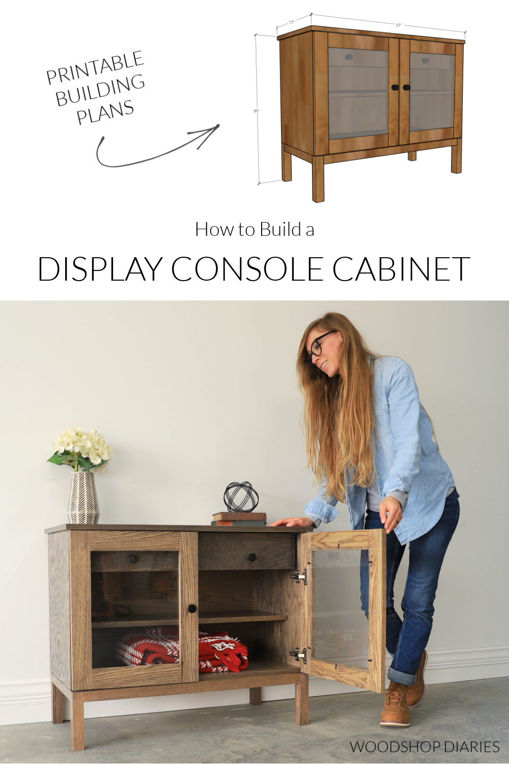 Pinterest collage showing overall dimensions at top and completed DIY display console cabinet at bottom with text "how to build a display console cabinet"