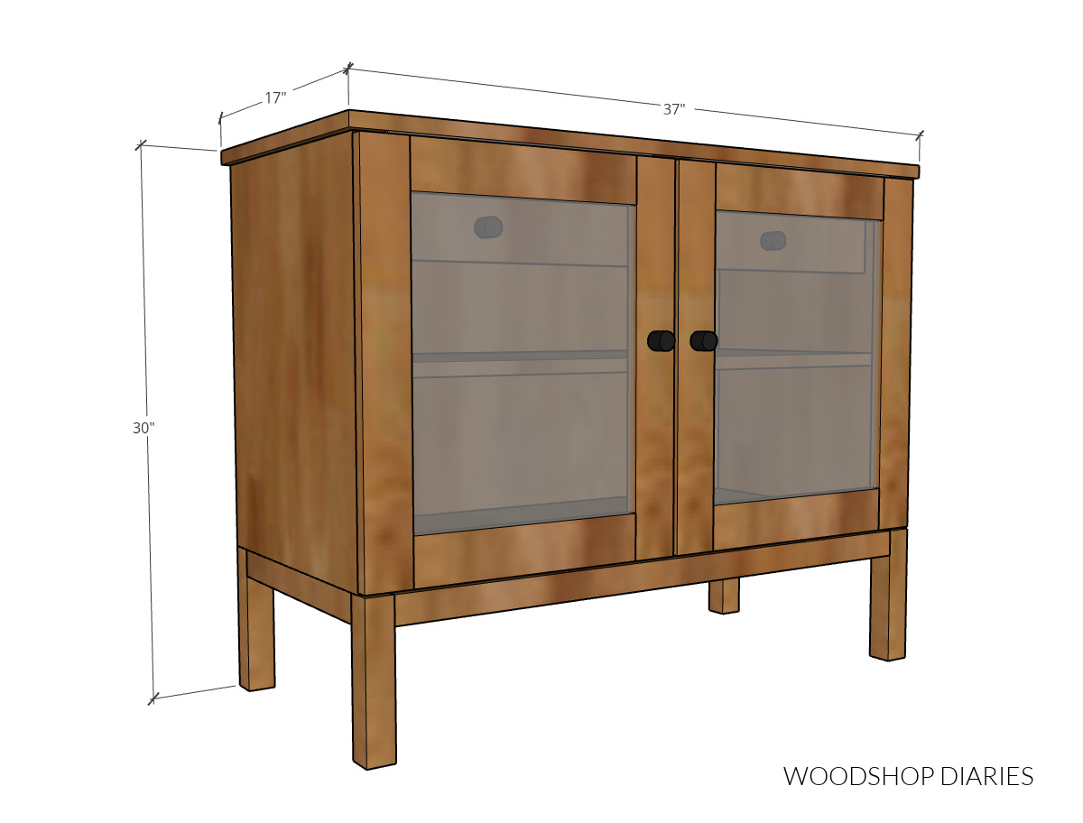 Computer drawn diagram showing DIY display console cabinet  overall dimensions