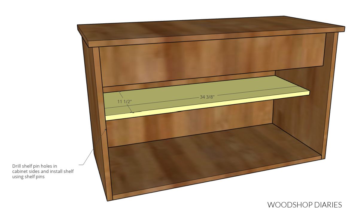 Diagram showing shelf dimensions and installation inside console cabinet