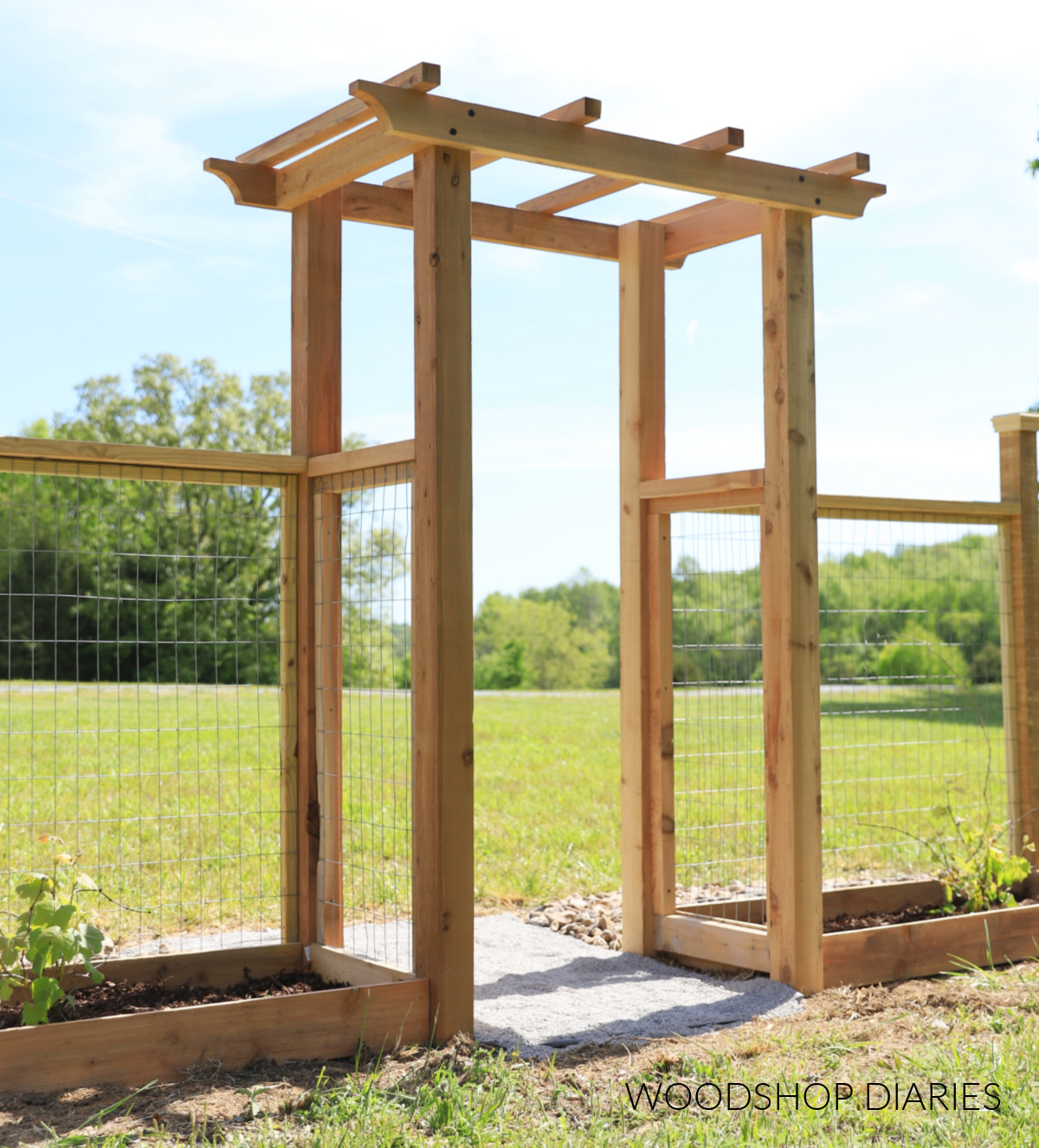 Cedar garden arbor with pergola style top with raised garden beds on each side with welded wire fencing panels