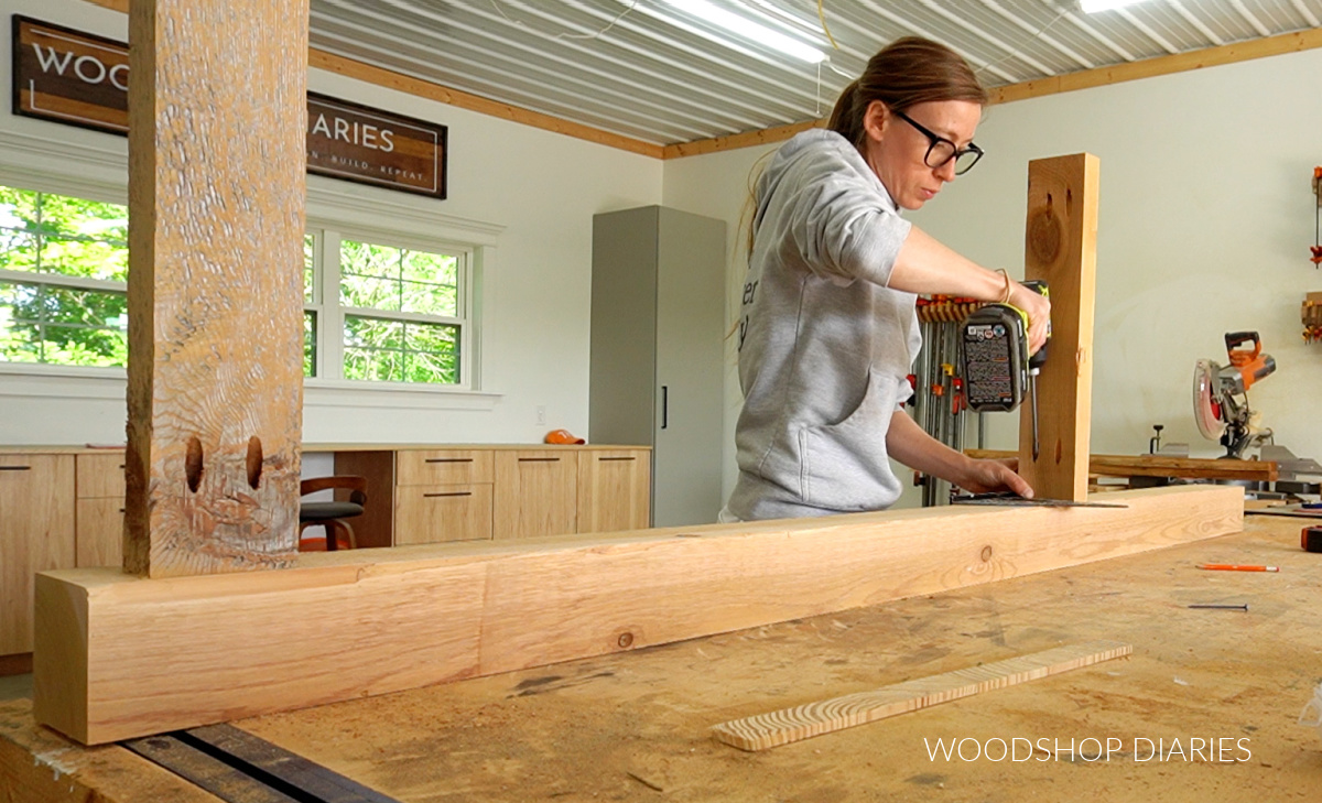 Shara Woodshop Diaries assembling side frames of garden arbor on workbench