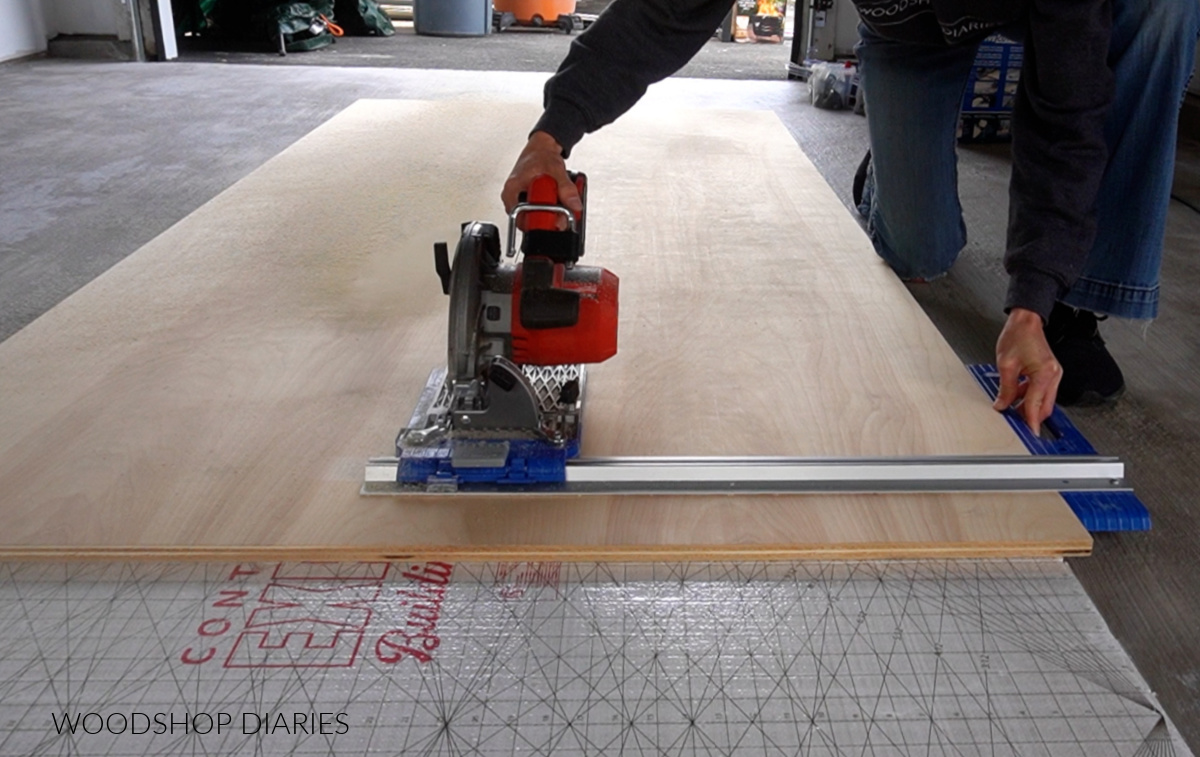 Shara Woodshop Diaries using circular saw and Kreg Rip Cut to cut plywood sheets