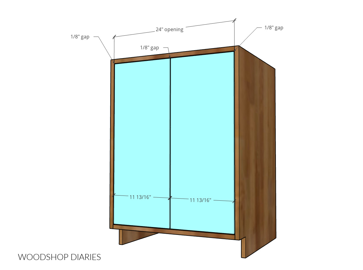 Diagram showing double door cabinet sizing example with 24" opening