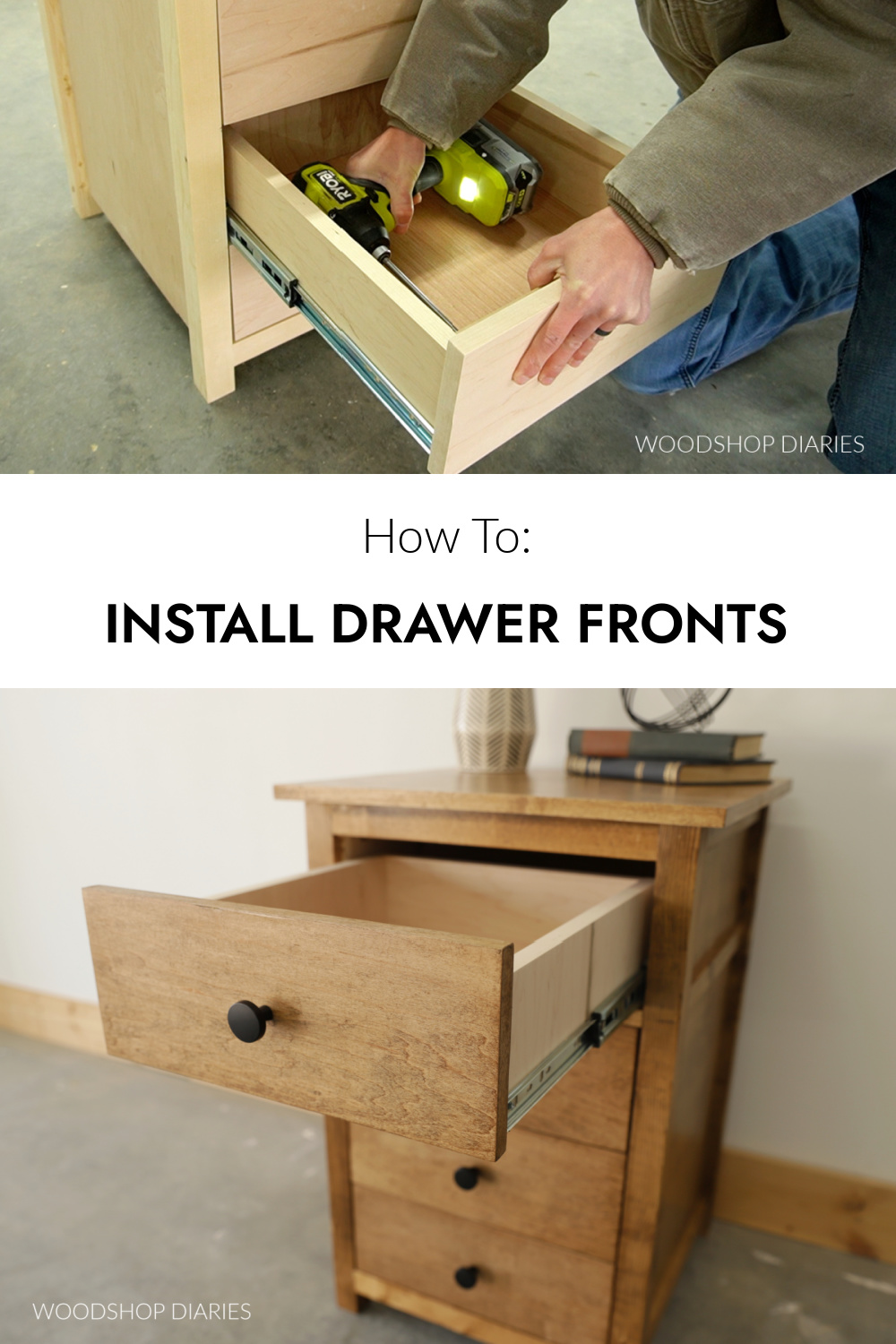 Install drawer front pinterest image showing driving screws to secure drawer fronts at top and close up of drawer front at bottom