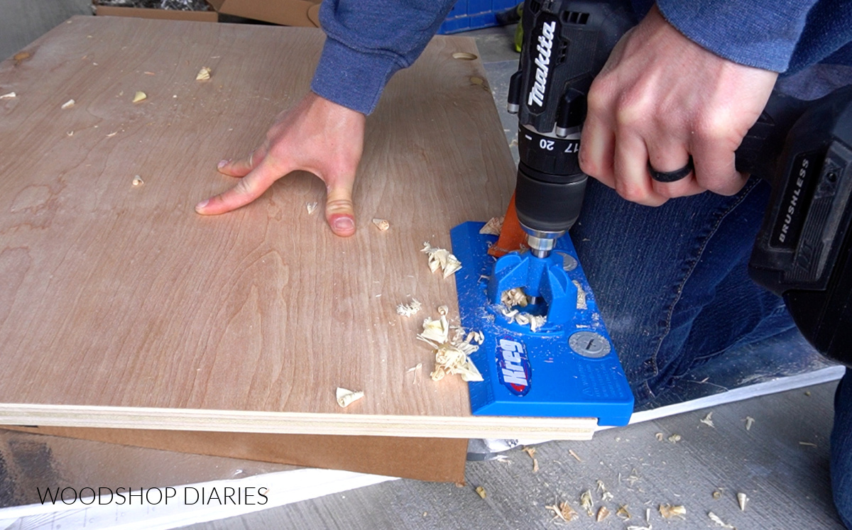 Shara Woodshop Diaries drilling concealed hinge cup holes with Kreg Concealed hinge jig