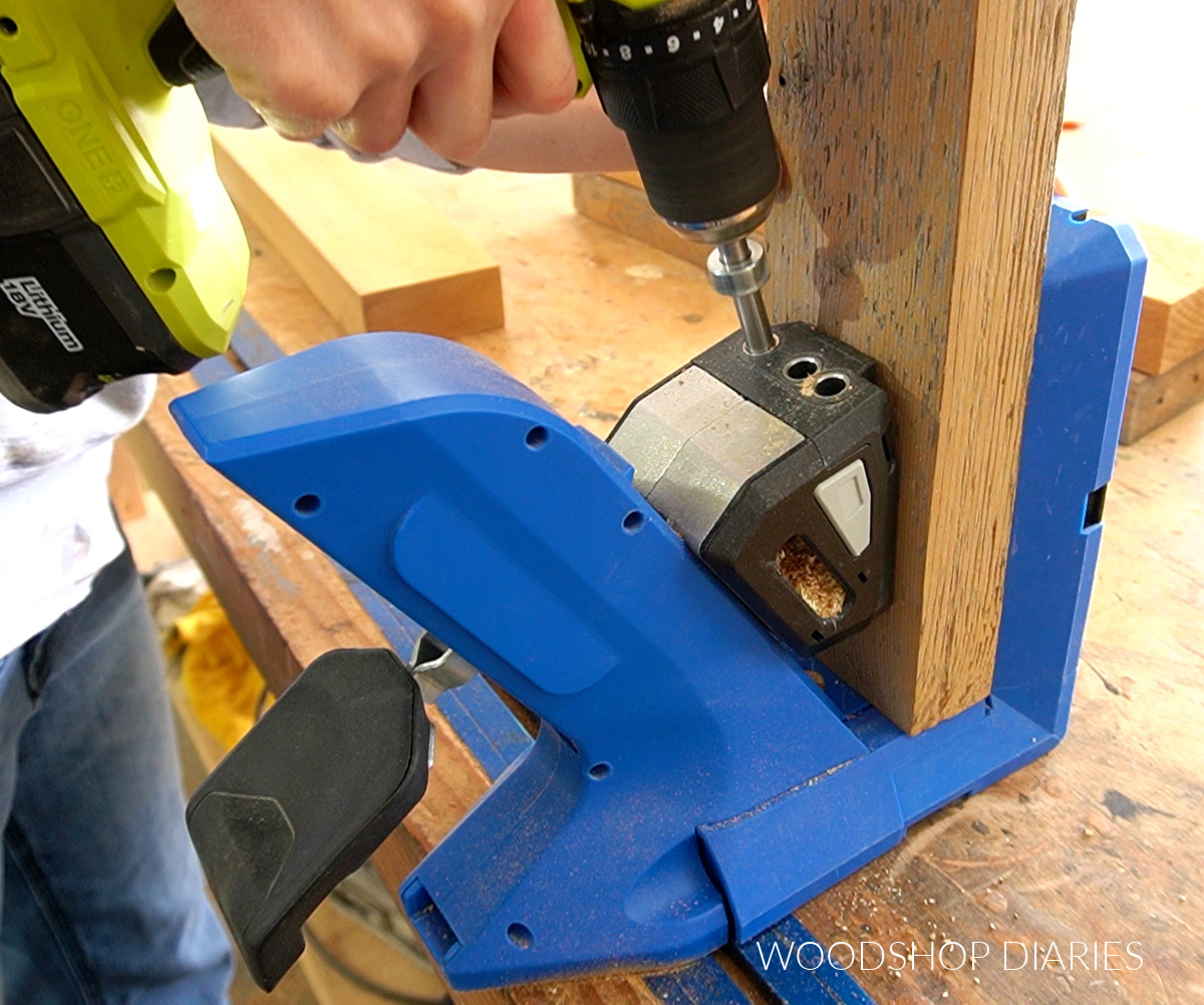 drilling pocket holes into cedar 2x4 to build arbor