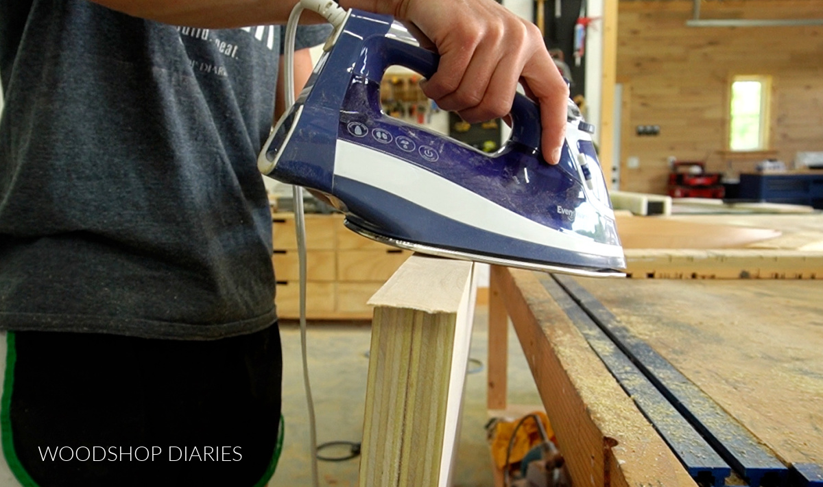 Close up of ironing on edge banding on sliding door sides