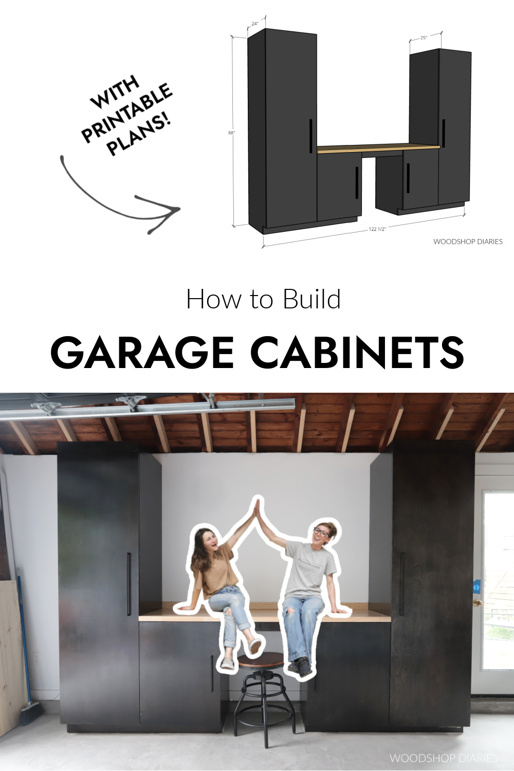 Pinterest collage image showing overall garage cabinet dimensions at top and Shara and Sam sitting on countertop on cabinets at bottom with text "how to build garage cabinets"