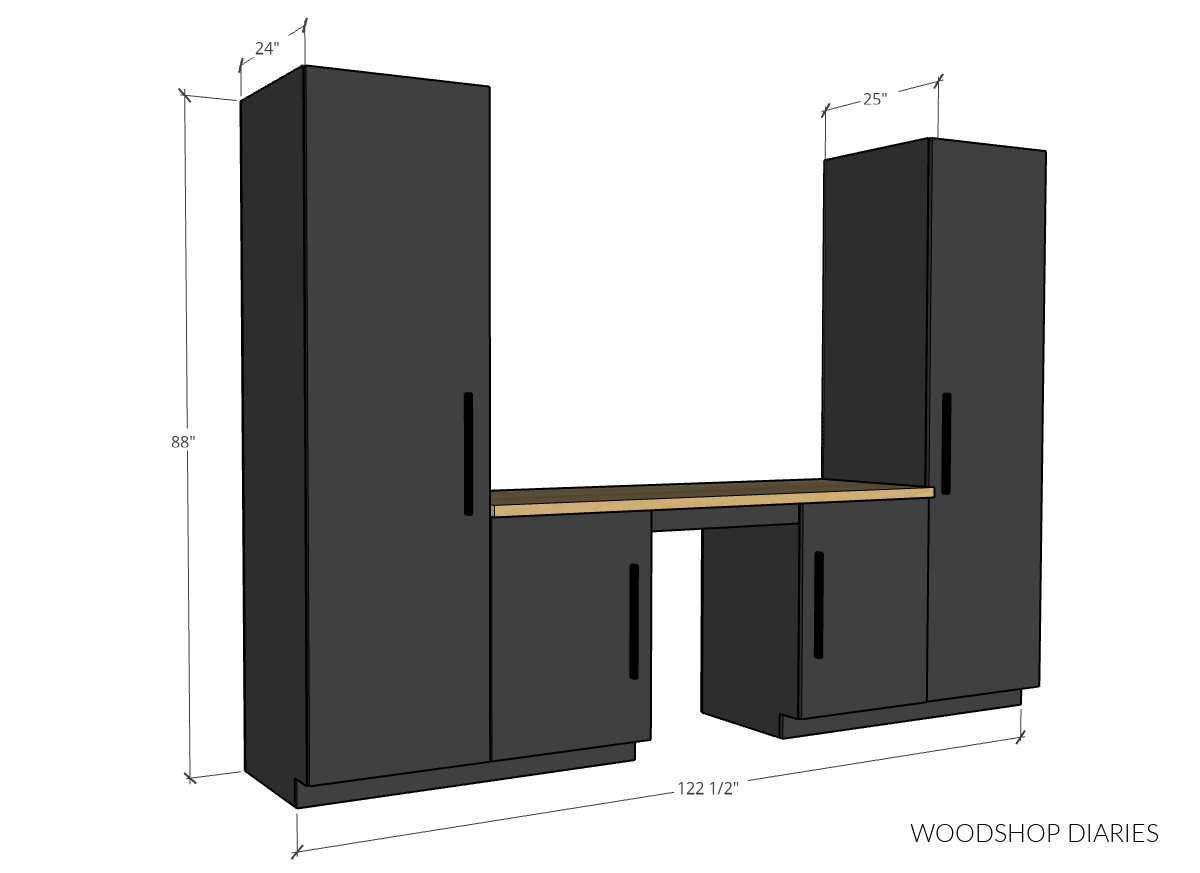 Overall dimensional diagram showing size of garage cabinet build with two tall cabinets and two base cabinets with countertop