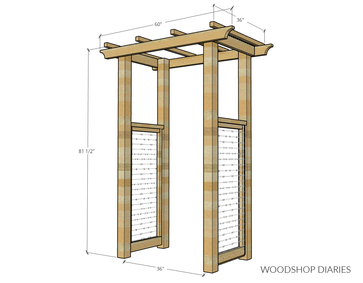 dimensional diagram of garden arbor showing overall sizing and dimensions of project