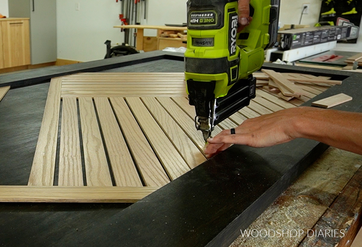 Nailing wood slats onto front side of sliding door