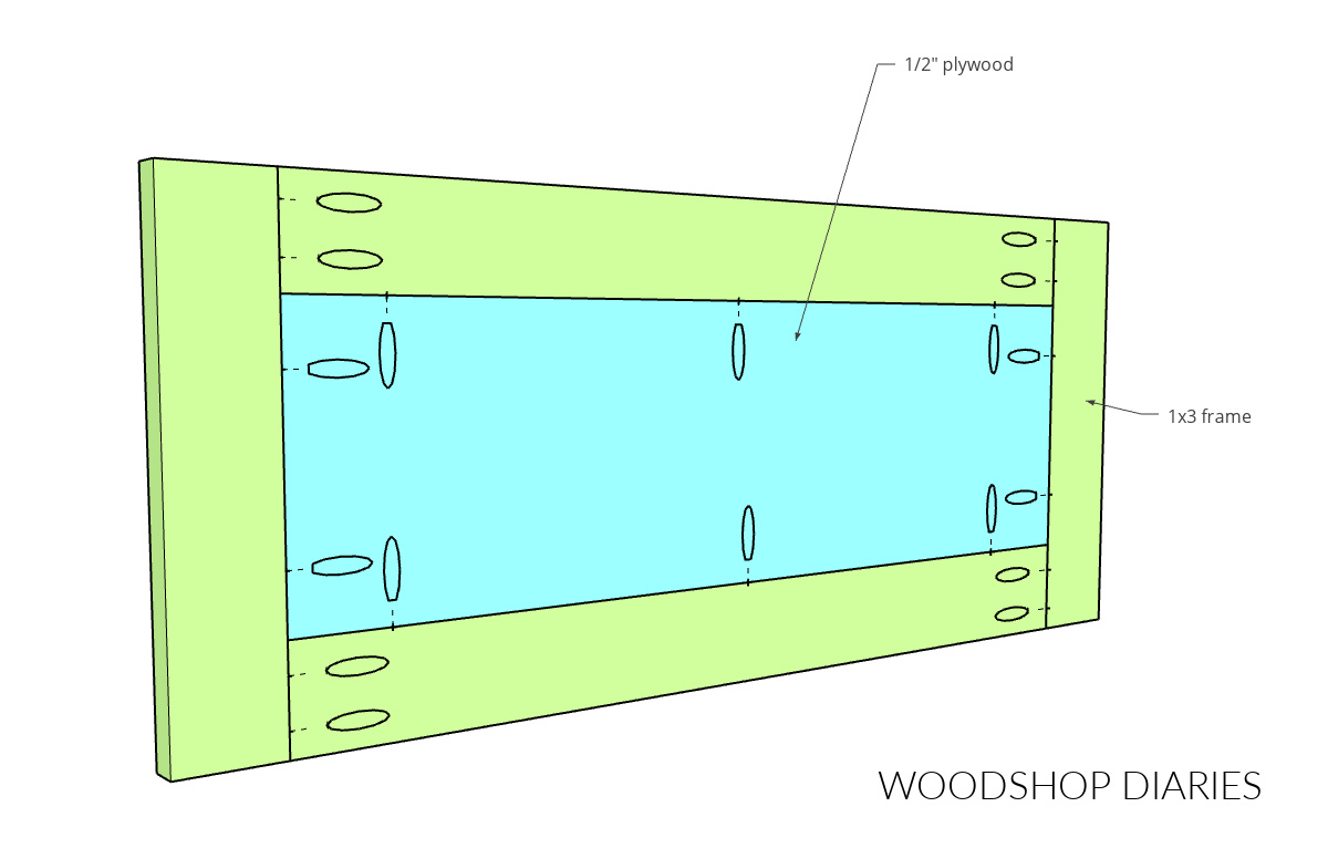 Diagram showing how to assemble a Shaker drawer front using pocket holes