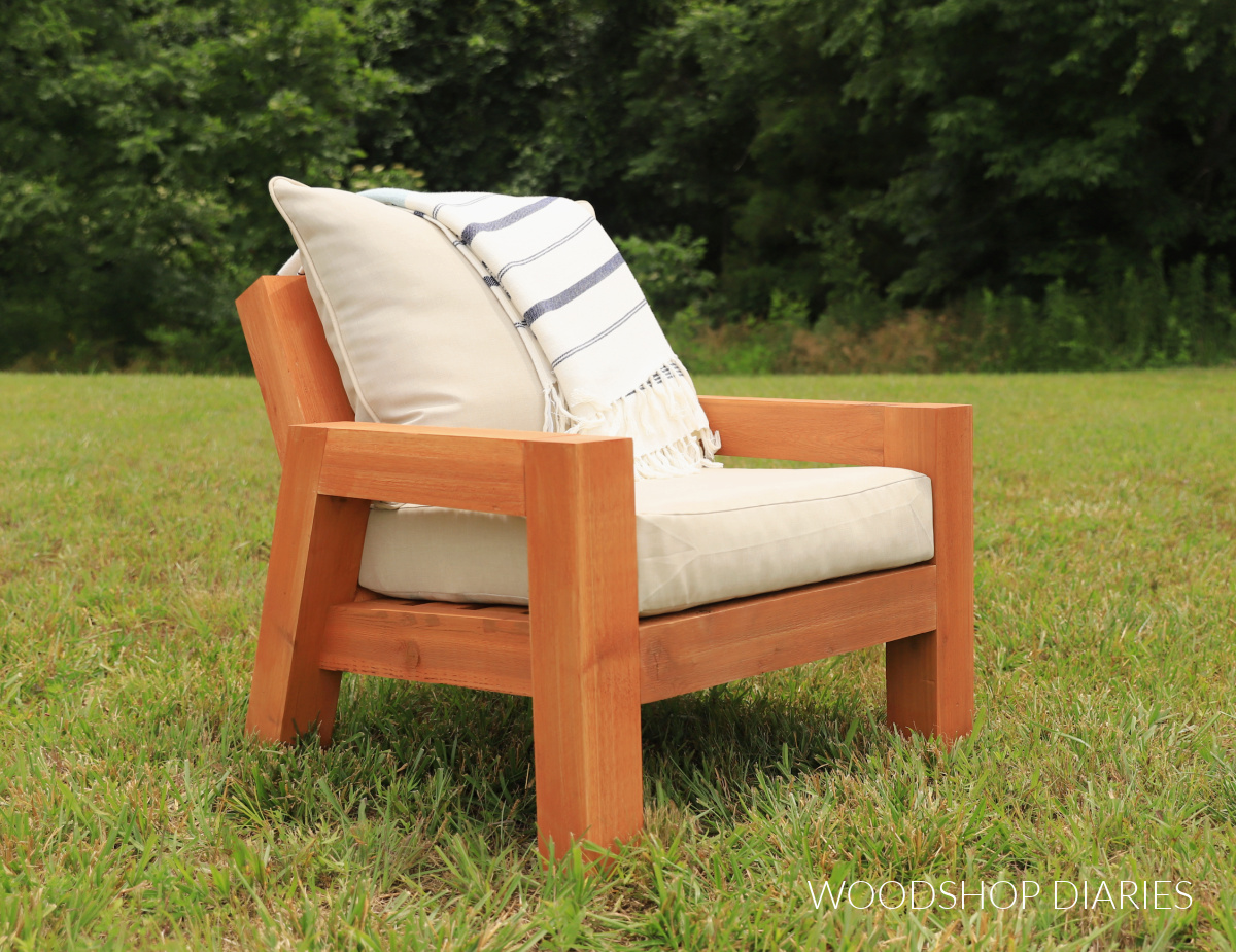 Modern chunky wooden DIY outdoor chair with seat and back cushion made from cedar