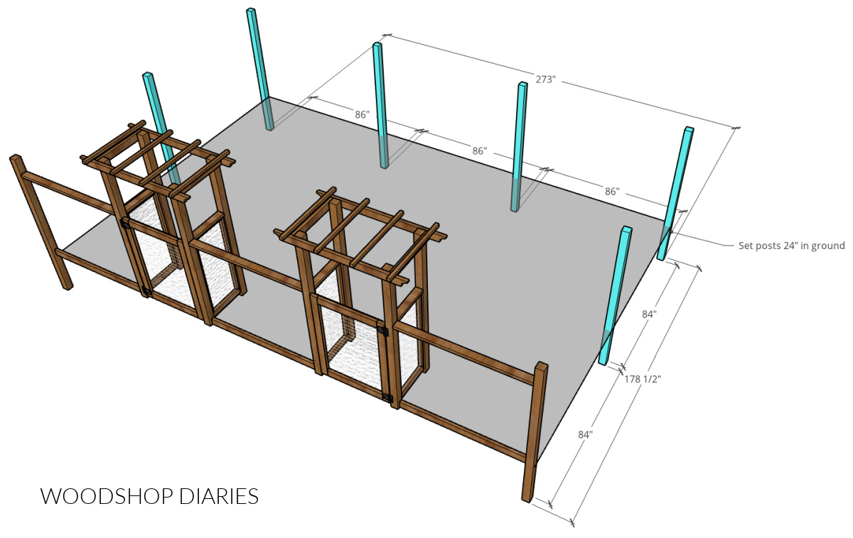 Post hole locations for enclosed garden arbor-dimensional diagram