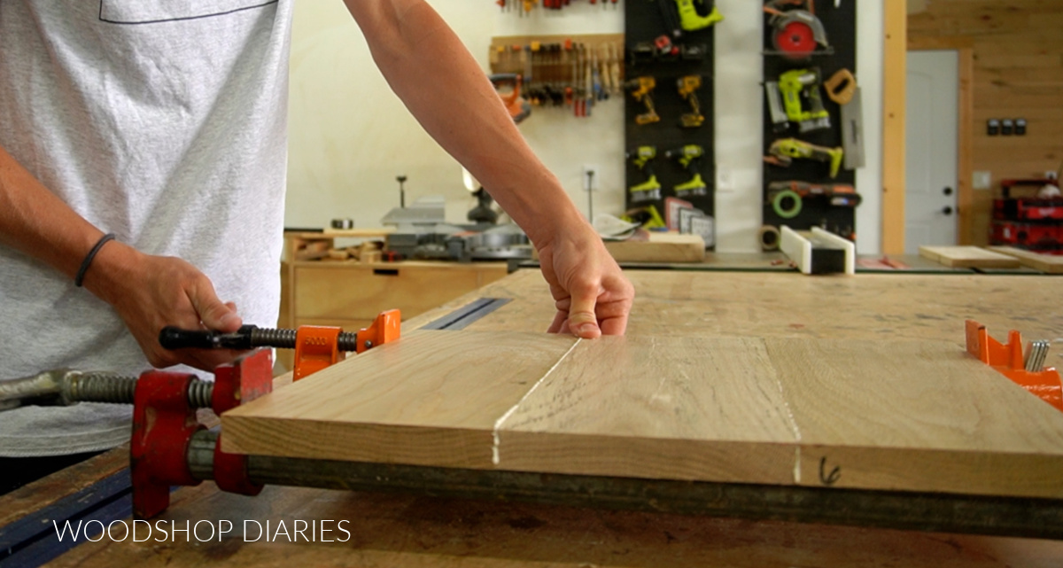 Shara Woodshop Diaries gluing up table top on workbench