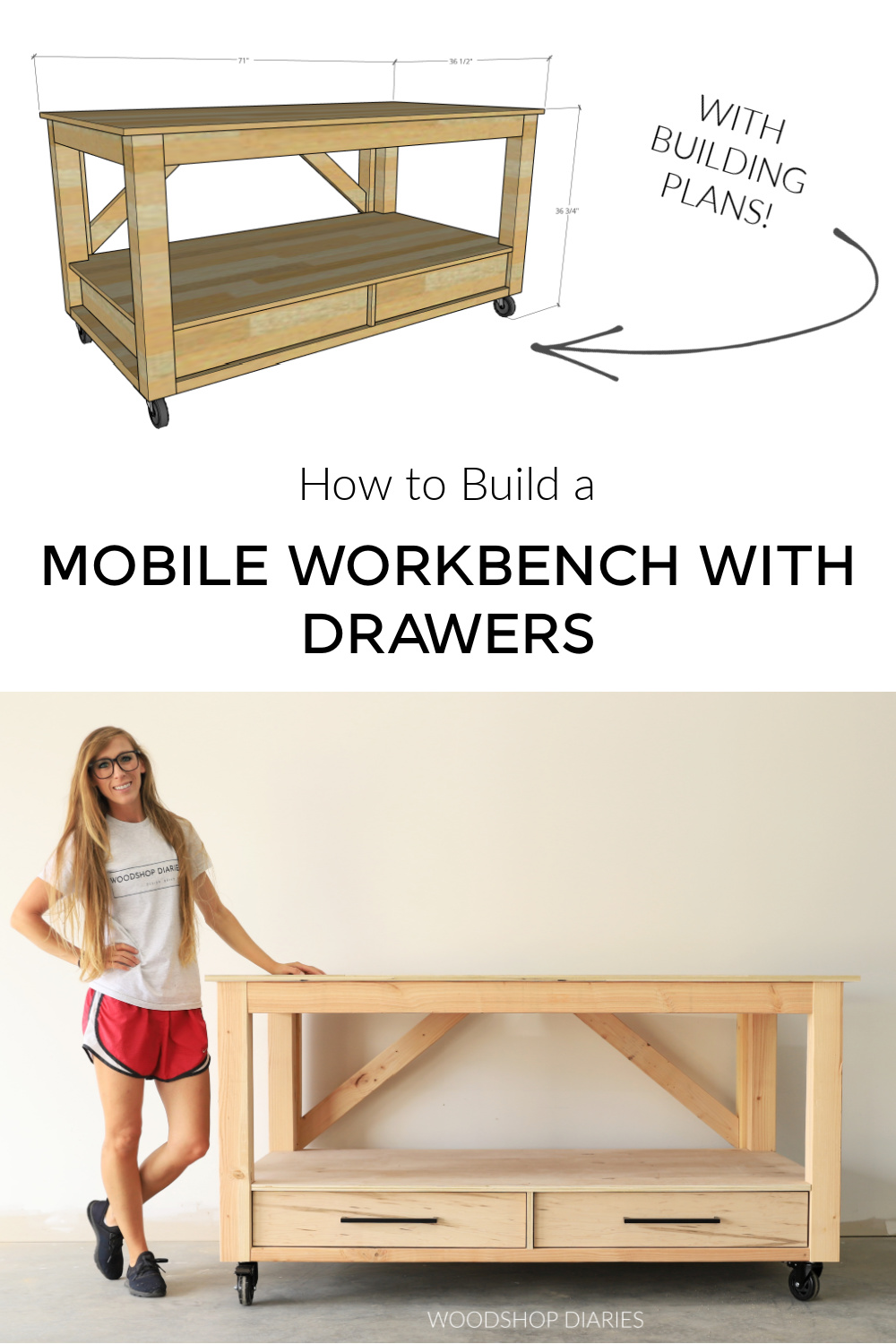 Pinterest collage image showing overall dimensional diagram at top and Shara next to completed DIY workbench at bottom with text "how to build a mobile workbench with drawers"