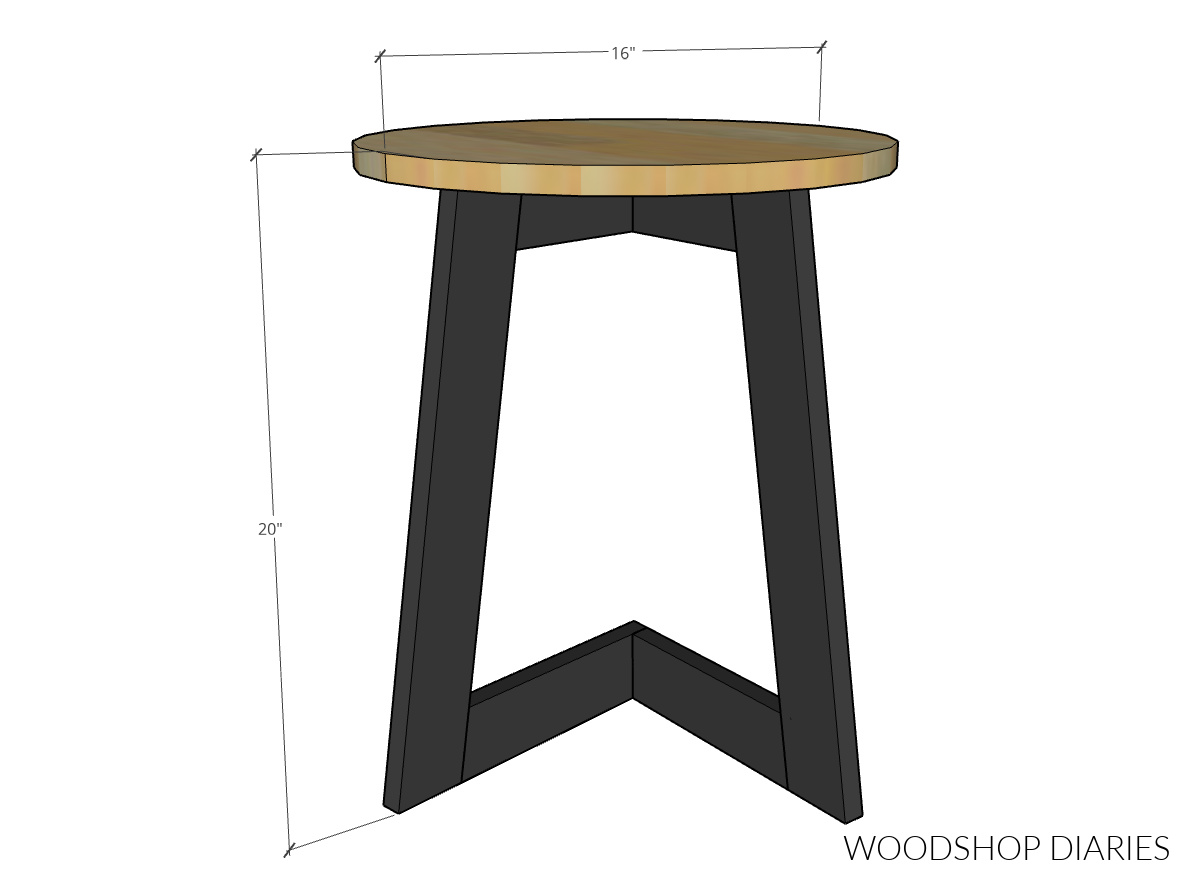 C table overall dimensional diagram showing 20" tall x 16" diameter