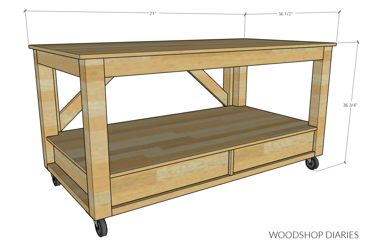 Overall dimensional diagram of DIY workbench with drawers and caster wheels