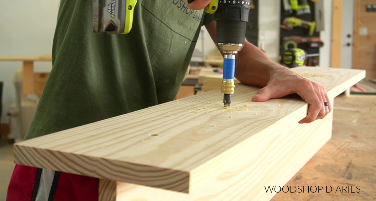 Using a Kreg Quick Flip countersinking drill bit to drill holes on back of plant shelf to attach