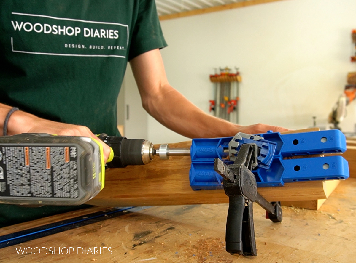 Shara Woodshop Diaries drilling 3 ½" pocket holes into 4x4 posts to assemble chair