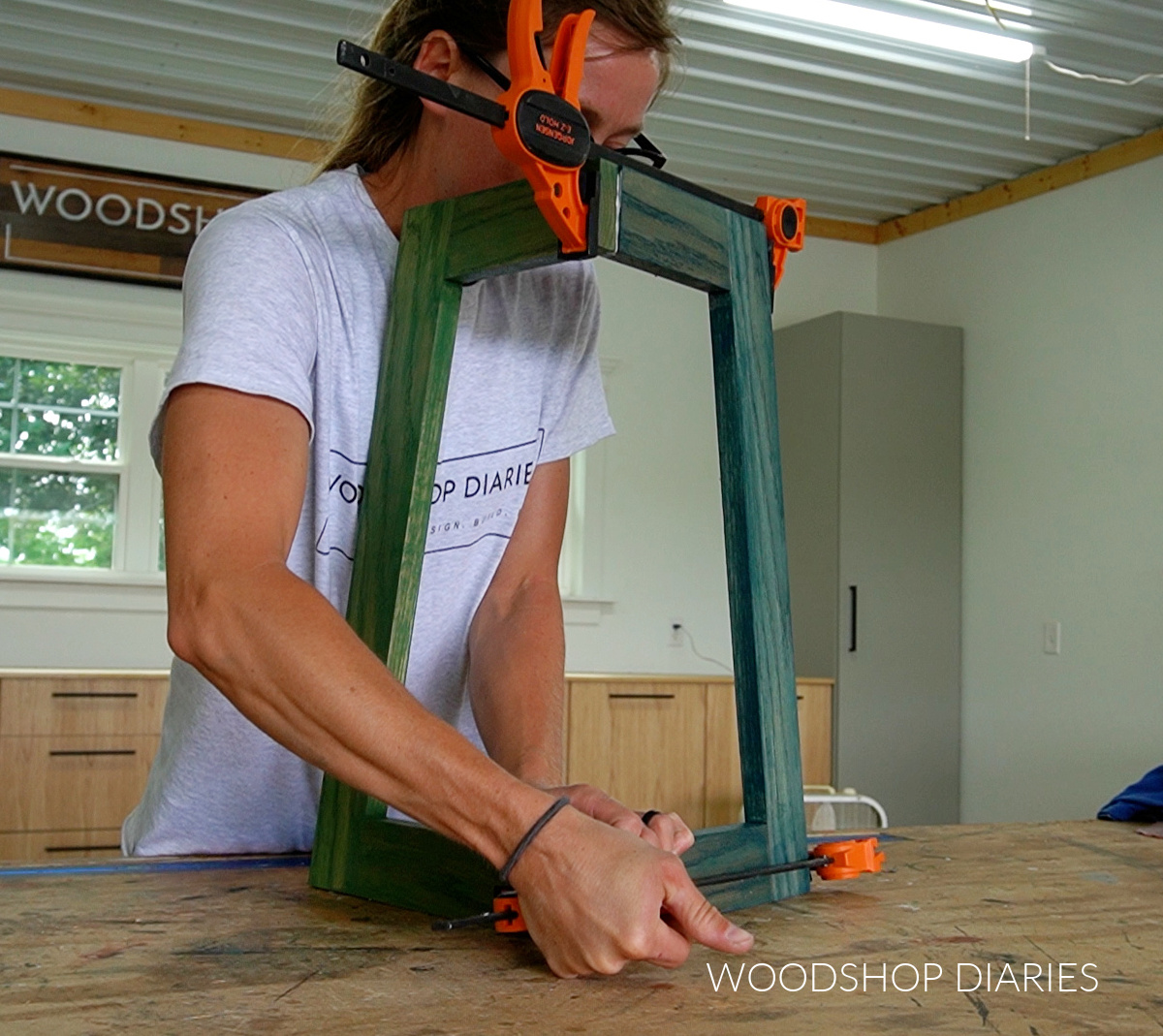 Shara Woodshop Diaries gluing up C table base on workbench