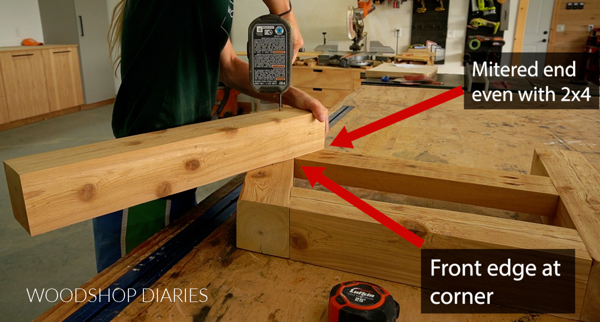 Installing 4x4 back post on outdoor chair side frames on workbench