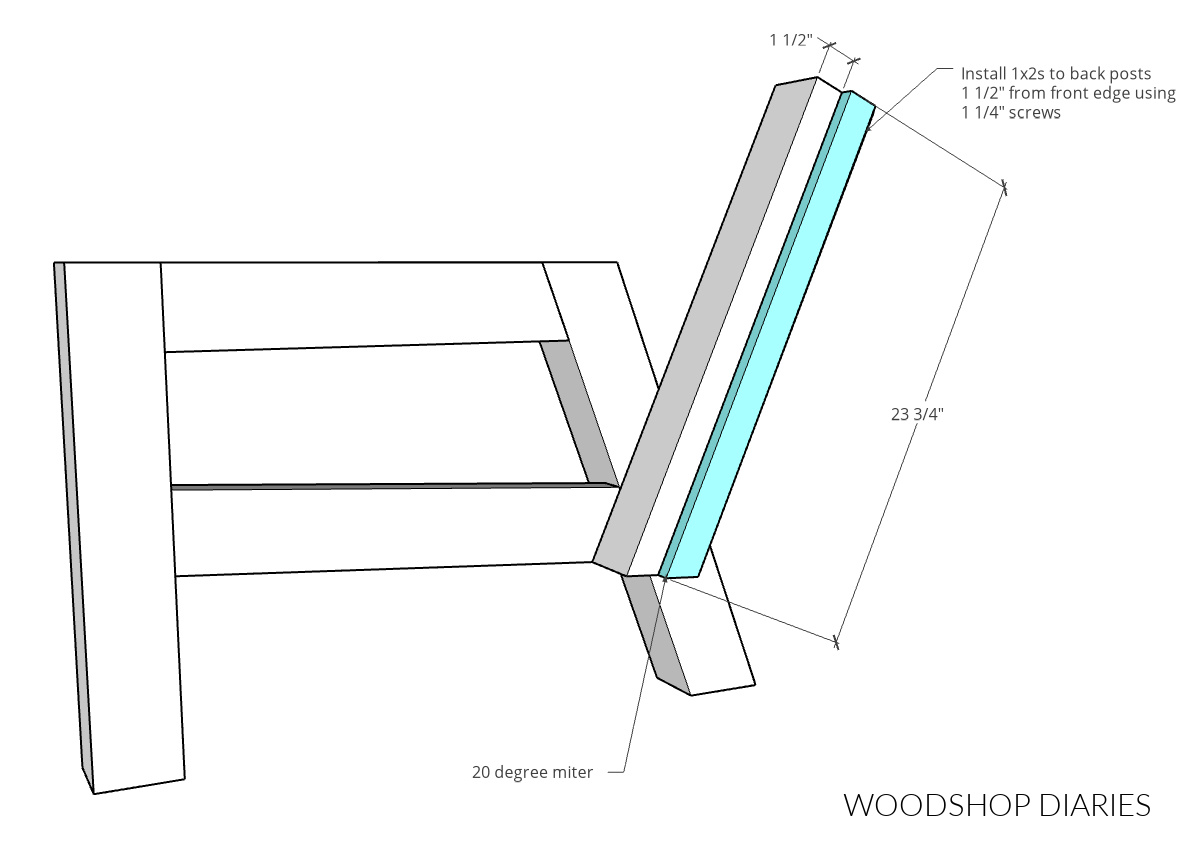 Dimensional diagram showing where and how to install back slat supports of outdoor chair