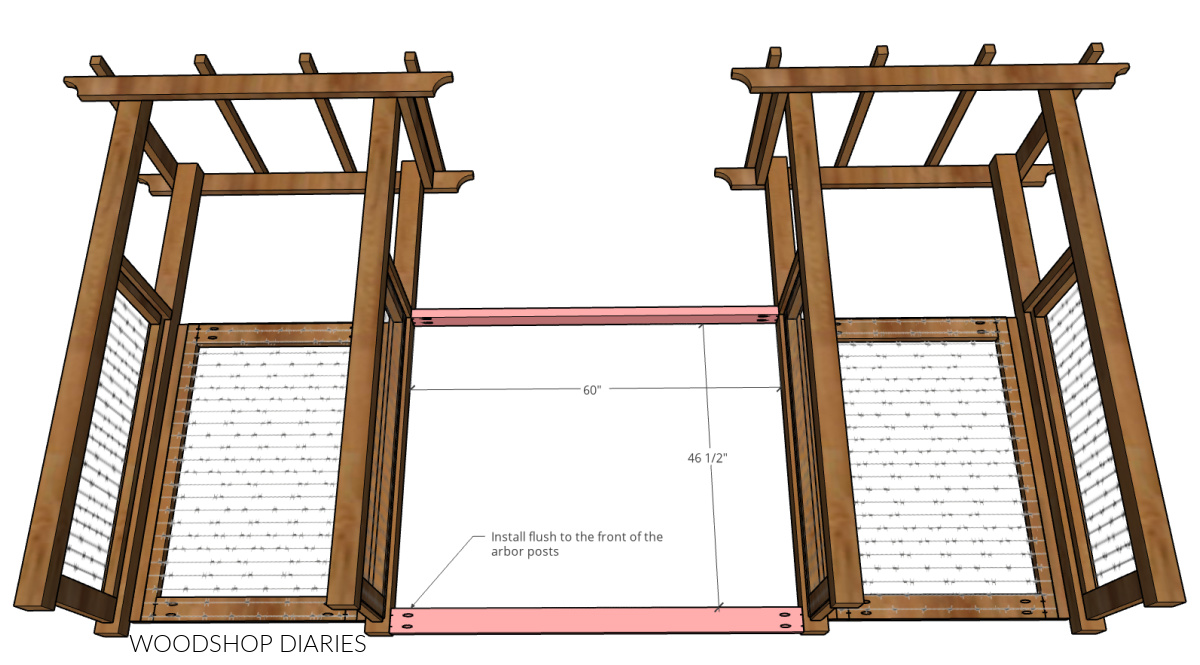 Diagram showing two arbors with fencing framing 2x4s between them assembled with pocket holes