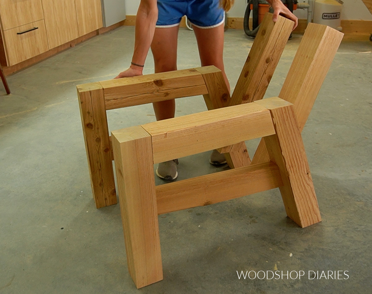 Shara Woodshop Diaries placing two side frames together showing that they are mirrored--one for the left side and one for the right side