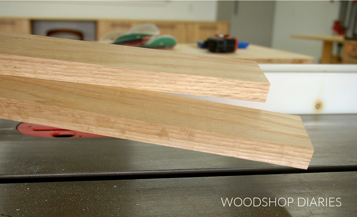 Two pieces of white oak on table saw
